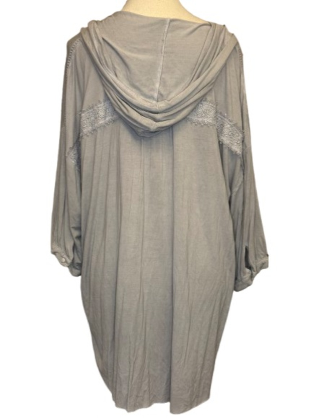 POL Hooded Tunic Top Gray Taupe Lace Back Button Front Boho Size M - Picture 8 of 11